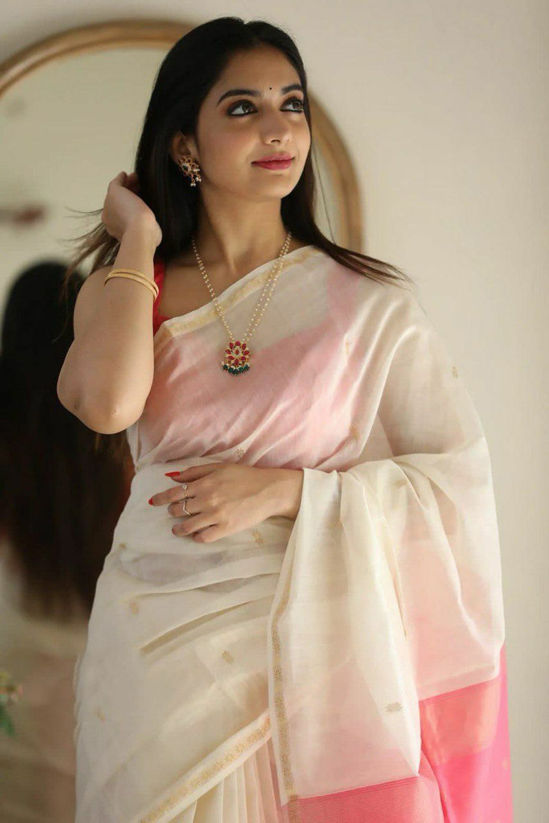 Off White Jacquard Soft Silk Saree
