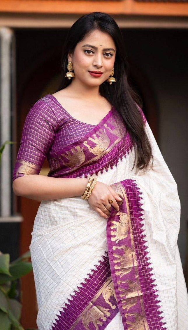 Fascinating Off White And Purple Silk Saree