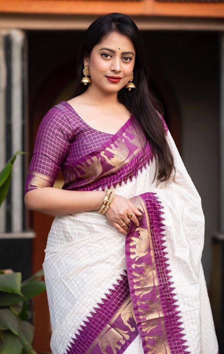 Fascinating Off White And Purple Silk Saree