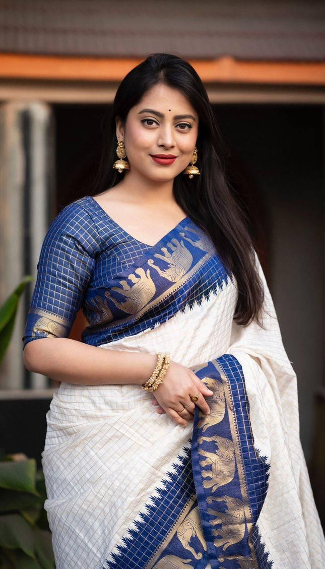 Navy Blue And Off White Silk Zari Saree