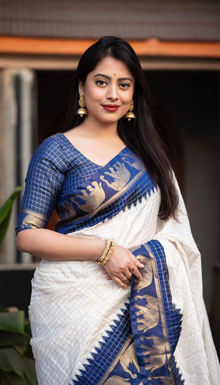 Navy Blue And Off White Silk Zari Saree