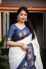 Navy Blue And Off White Silk Zari Saree