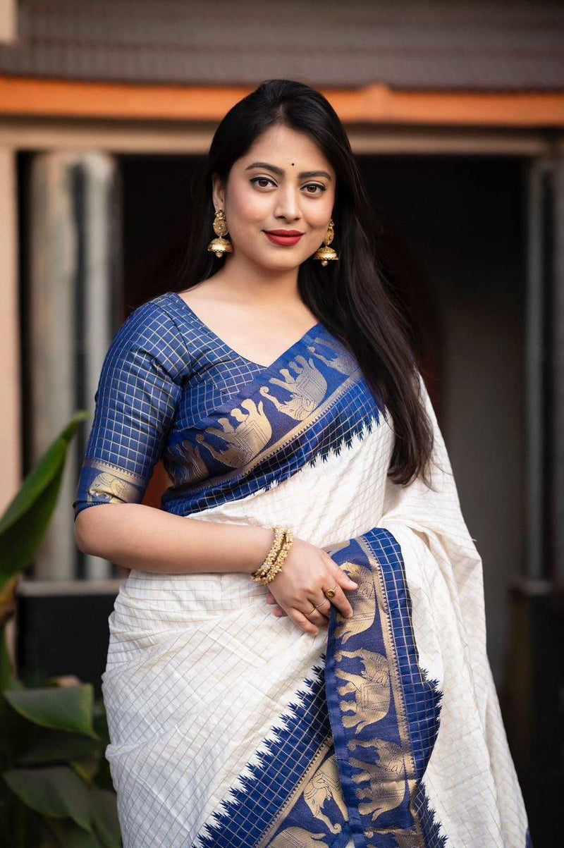 Navy Blue And Off White Silk Zari Saree