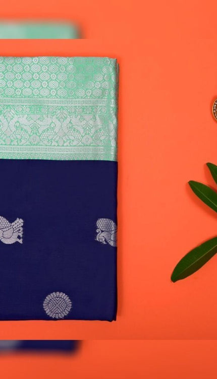 Valiba Kanchi expo Navy Blue Colored Saree With Firozi Pallu Banarasi Sari