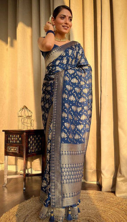 Blue Colour Pure Soft Silk Saree With Twirling Blouse Piece