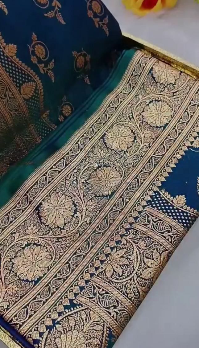 Prabhamati - Teal Banarasi Silk Saree with Zari Floral Weaving