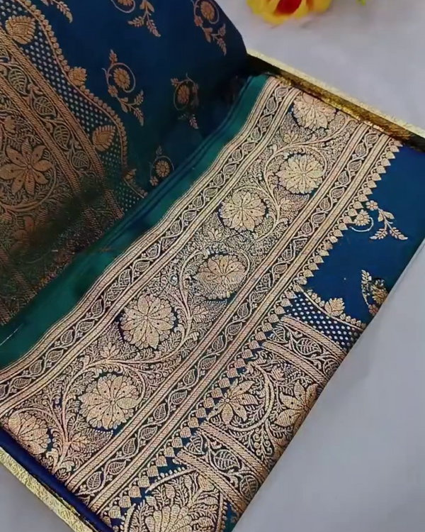 Prabhamati - Teal Banarasi Silk Saree with Zari Floral Weaving