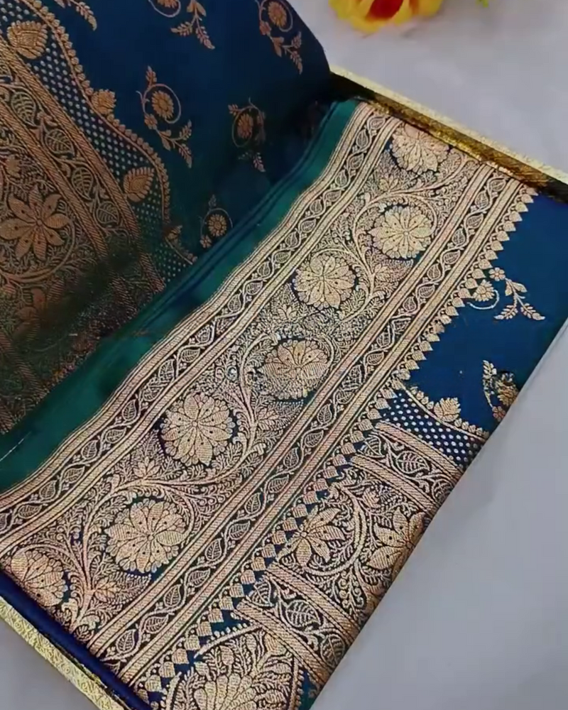 Prabhamati - Teal Banarasi Silk Saree with Zari Floral Weaving