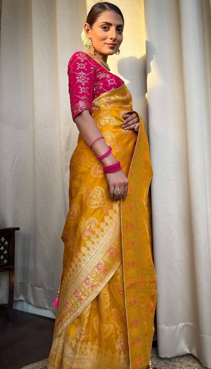 Tisha Yellow Soft Banarasi Saree With Attached Blouse