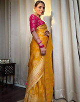 Tisha Yellow Soft Banarasi Saree With Attached Blouse