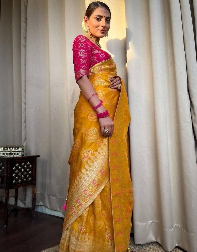 Tisha Yellow Soft Banarasi Saree With Attached Blouse