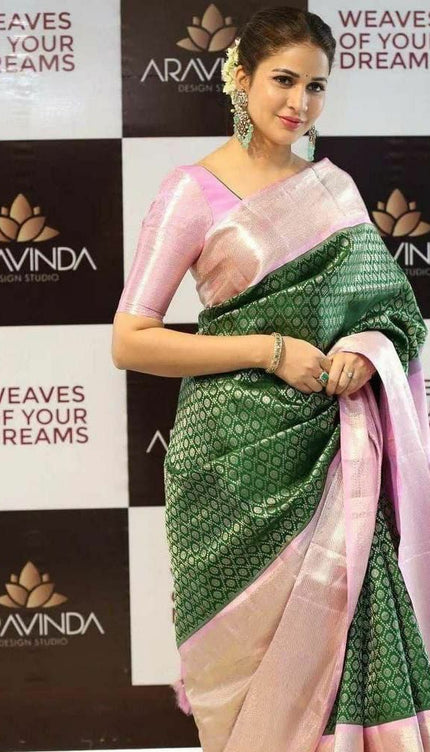Green & Baby Pink Soft Banarasi Silk Saree