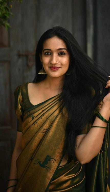 Dark Green Soft Lichi Silk Jacquard Saree