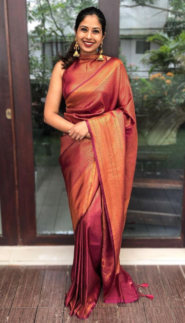 Bindu WIne Soft Banarasi SIlk Saree With Blouse Attached
