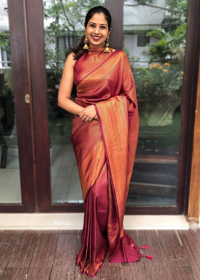 Bindu WIne Soft Banarasi SIlk Saree With Blouse Attached