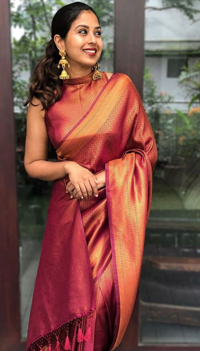 Bindu WIne Soft Banarasi SIlk Saree With Blouse Attached