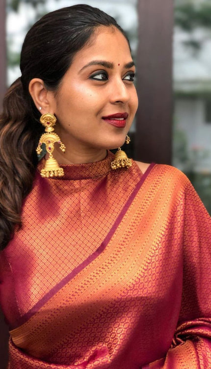 Bindu WIne Soft Banarasi SIlk Saree With Blouse Attached