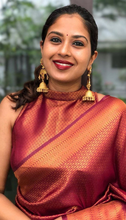 Bindu WIne Soft Banarasi SIlk Saree With Blouse Attached
