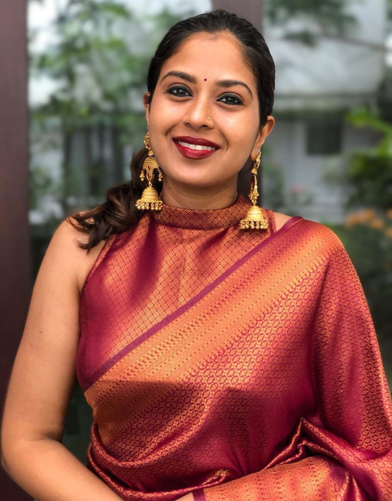 Bindu WIne Soft Banarasi SIlk Saree With Blouse Attached