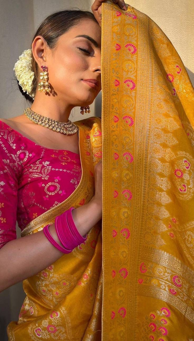 Tisha Yellow Soft Banarasi Saree With Attached Blouse