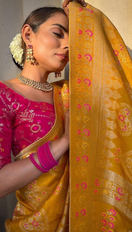Tisha Yellow Soft Banarasi Saree With Attached Blouse