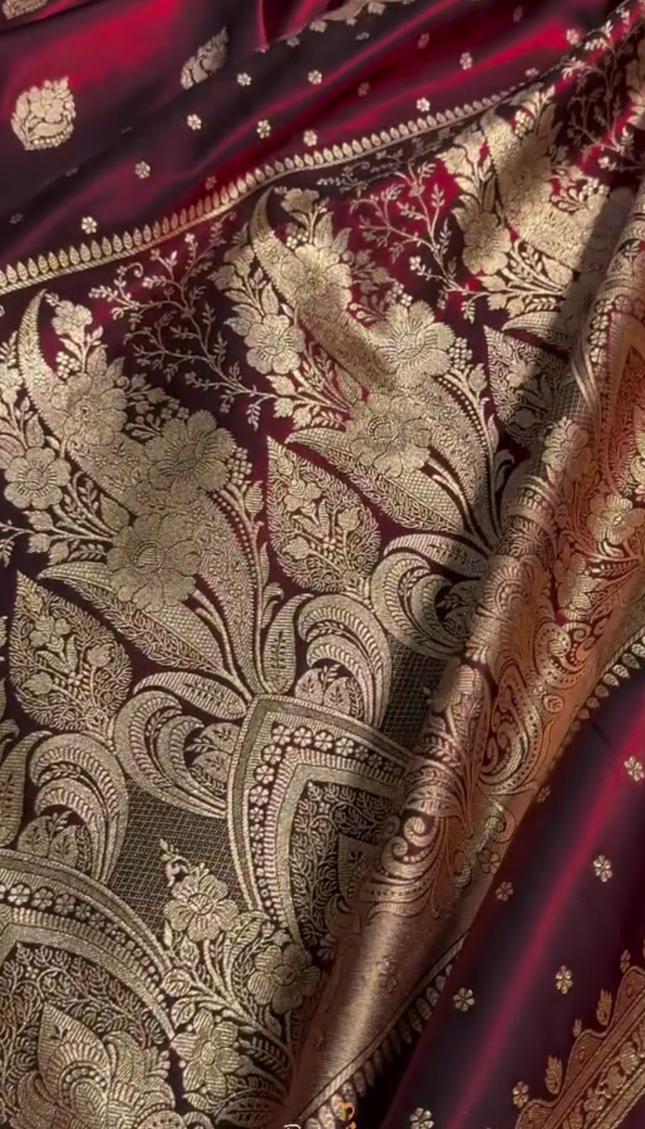 Royal Wine Red Banarasi Silk Saree with Zari Weaving & Pearl Border