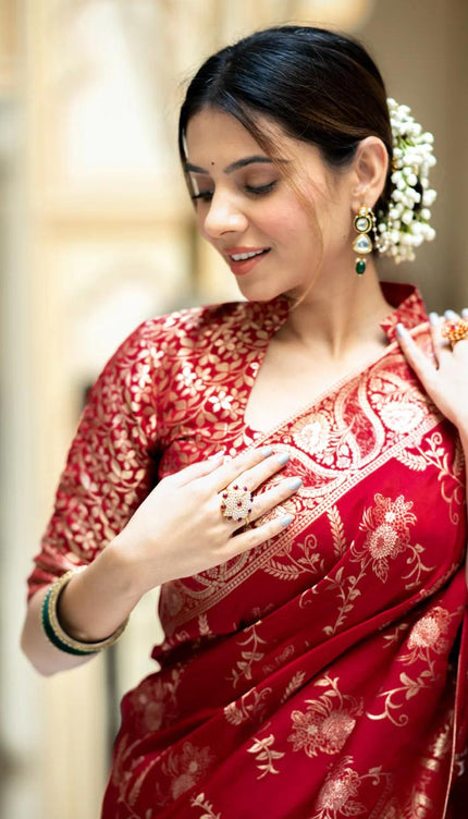 Hema Red Banarasi Silk Saree WIth Fabulouse Blouse Piece