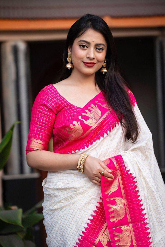 Off White And Rani Woven Silk Saree