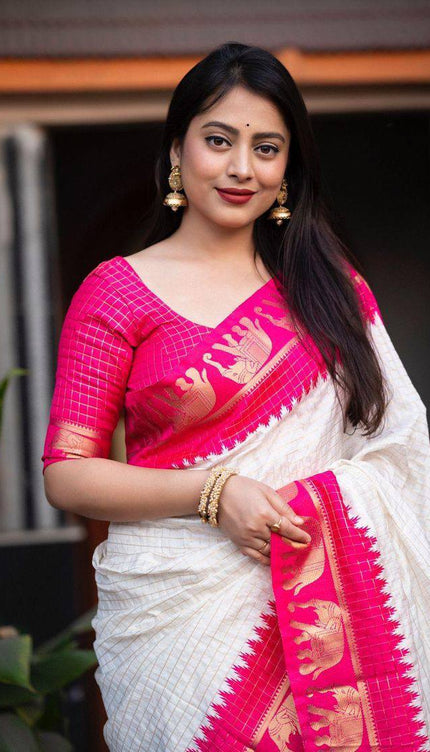 Off White And Rani Woven Silk Saree