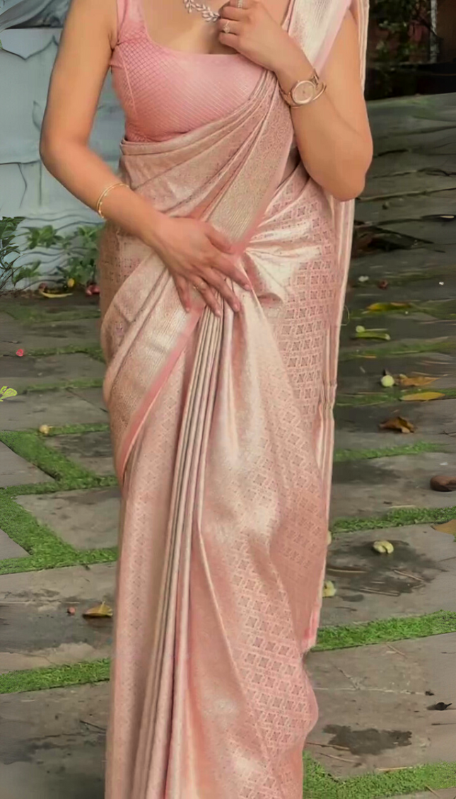 Mrinalini - Pink Banarasi Silk Saree with Subtle Zari Geometric Weave