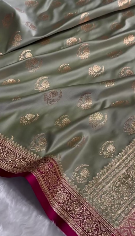Charulata - Green Katan Silk Saree with Zari Boota and Pink Border