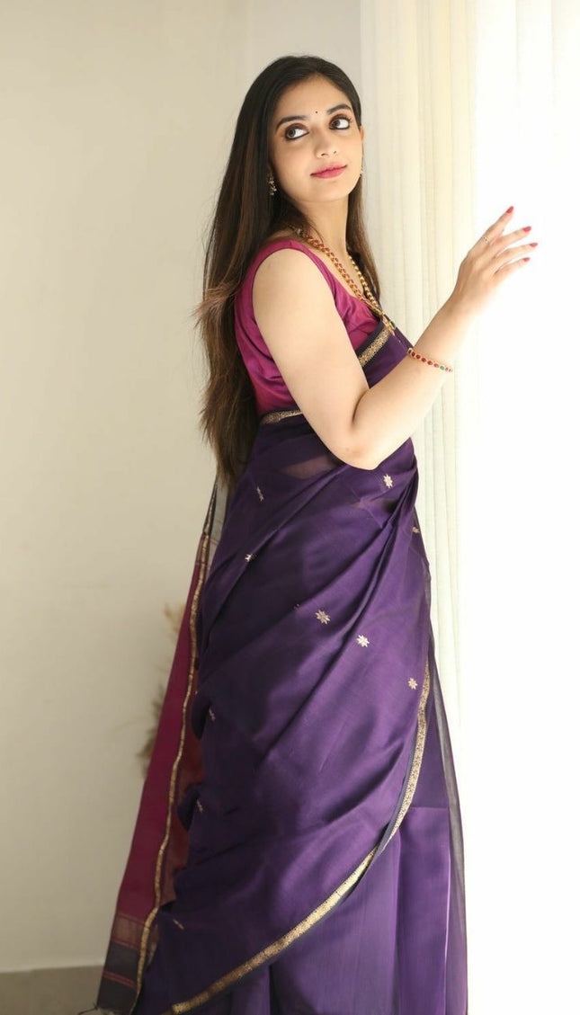 Luxuriant Purple Cotton Silk Saree