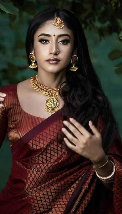 Unique Design Maroon Banarasi Soft Silk Saree