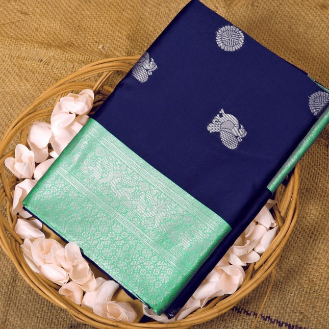 Valiba Kanchi expo Navy Blue Colored Saree With Firozi Pallu Banarasi Sari