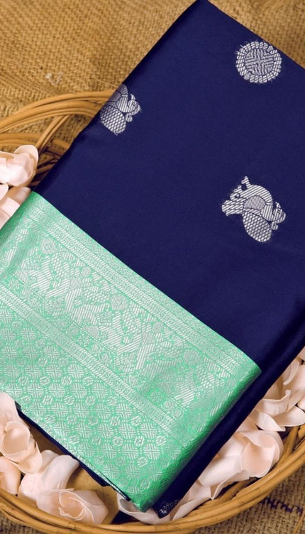 Valiba Kanchi expo Navy Blue Colored Saree With Firozi Pallu Banarasi Sari