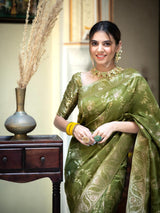 Hema Mahendi Banarasi Silk Saree WIth Fabulouse Blouse Piece