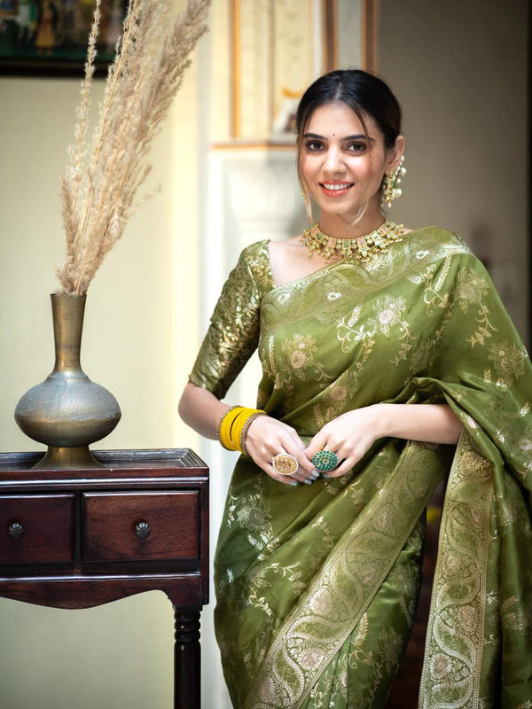 Hema Mahendi Banarasi Silk Saree WIth Fabulouse Blouse Piece
