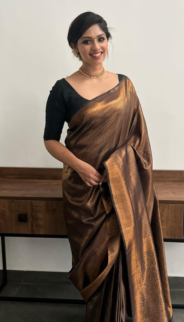 Black Golden Butti Soft Banarasi Silk Saree With Attached Blouse