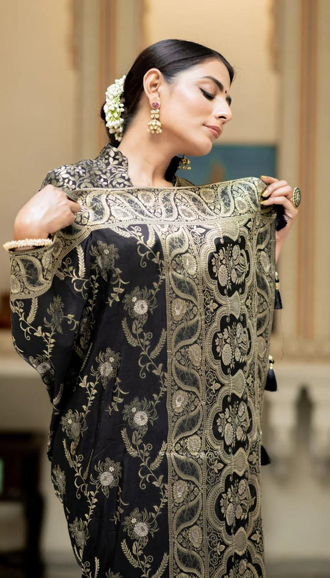 Hema Black Banarasi Silk Saree WIth Fabulouse Blouse Piece