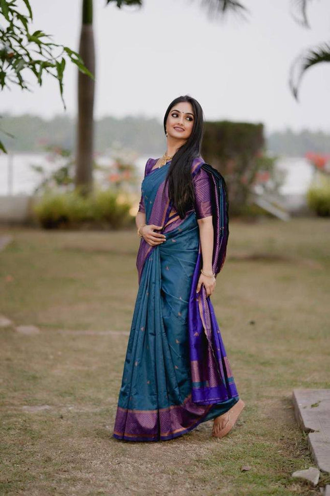 Blue Soft Lichi Silk Jacquard Work Saree