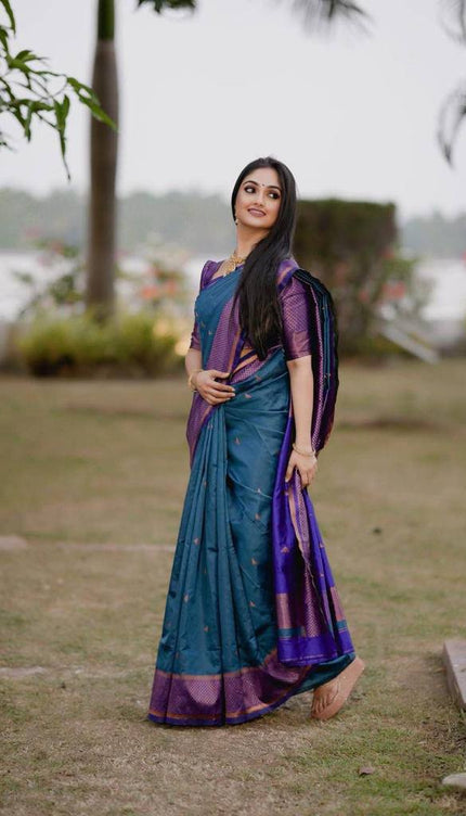 Blue Soft Lichi Silk Jacquard Work Saree