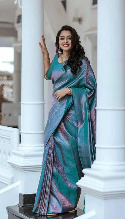 Sizzling Firozi Soft Silk Saree
