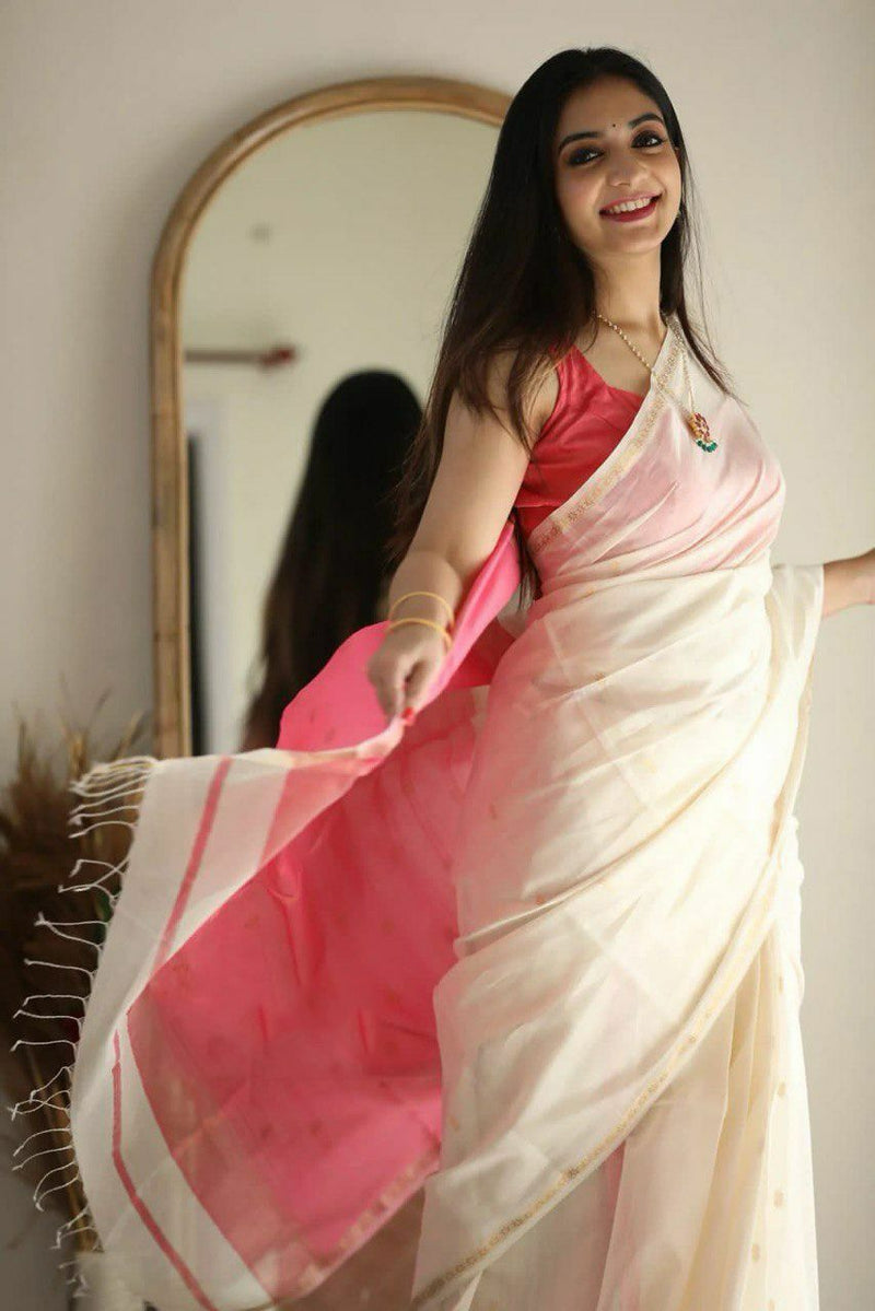 Off White Jacquard Soft Silk Saree