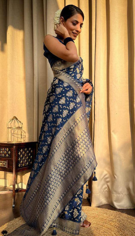Blue Colour Pure Soft Silk Saree With Twirling Blouse Piece