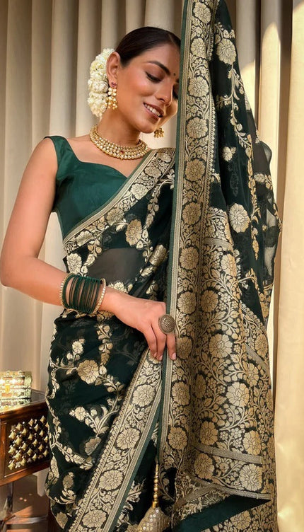 Laita Green Banarasi Silk Saree