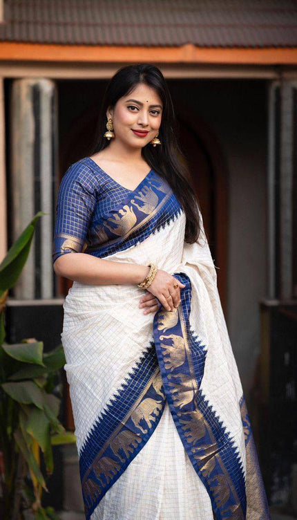 Navy Blue And Off White Silk Zari Saree