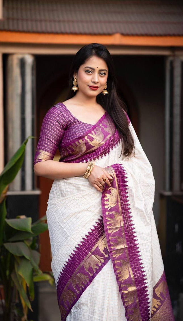 Fascinating Off White And Purple Silk Saree