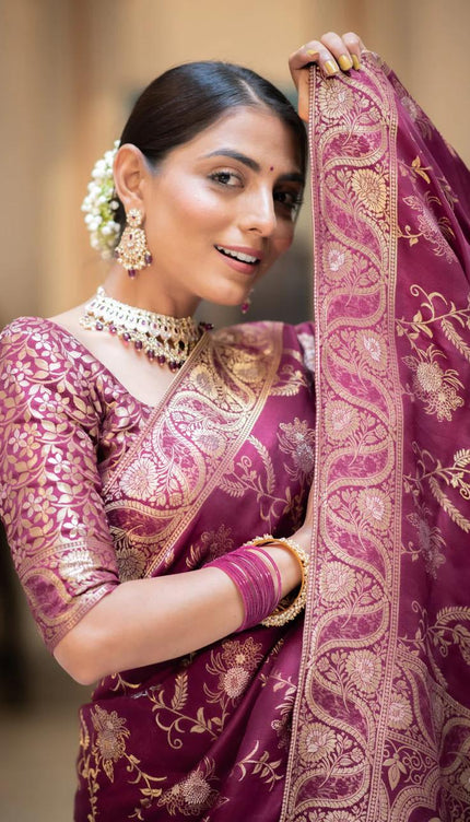 Hema Wine Banarasi Silk Saree WIth Fabulouse Blouse Piece