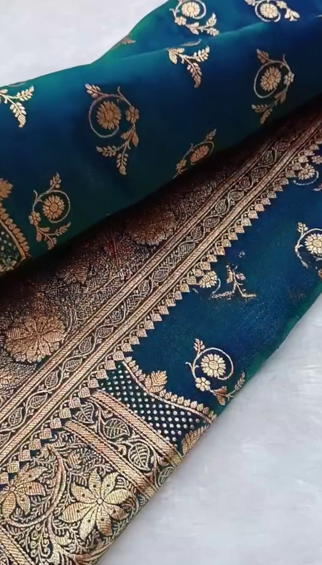 Prabhamati - Teal Banarasi Silk Saree with Zari Floral Weaving