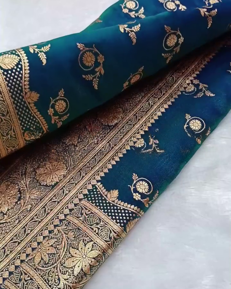 Prabhamati - Teal Banarasi Silk Saree with Zari Floral Weaving